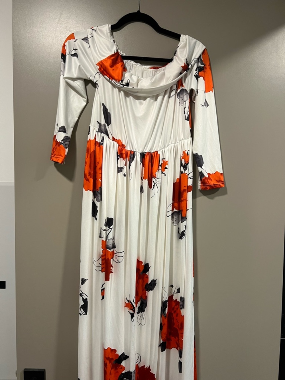 White Maxi Dress with Orange Floral Print and Cowl Neck